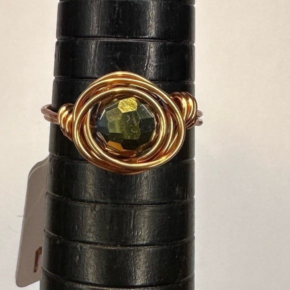 Green yellow disco ball ring handmade copper wire wrap - Picture 5 of 6